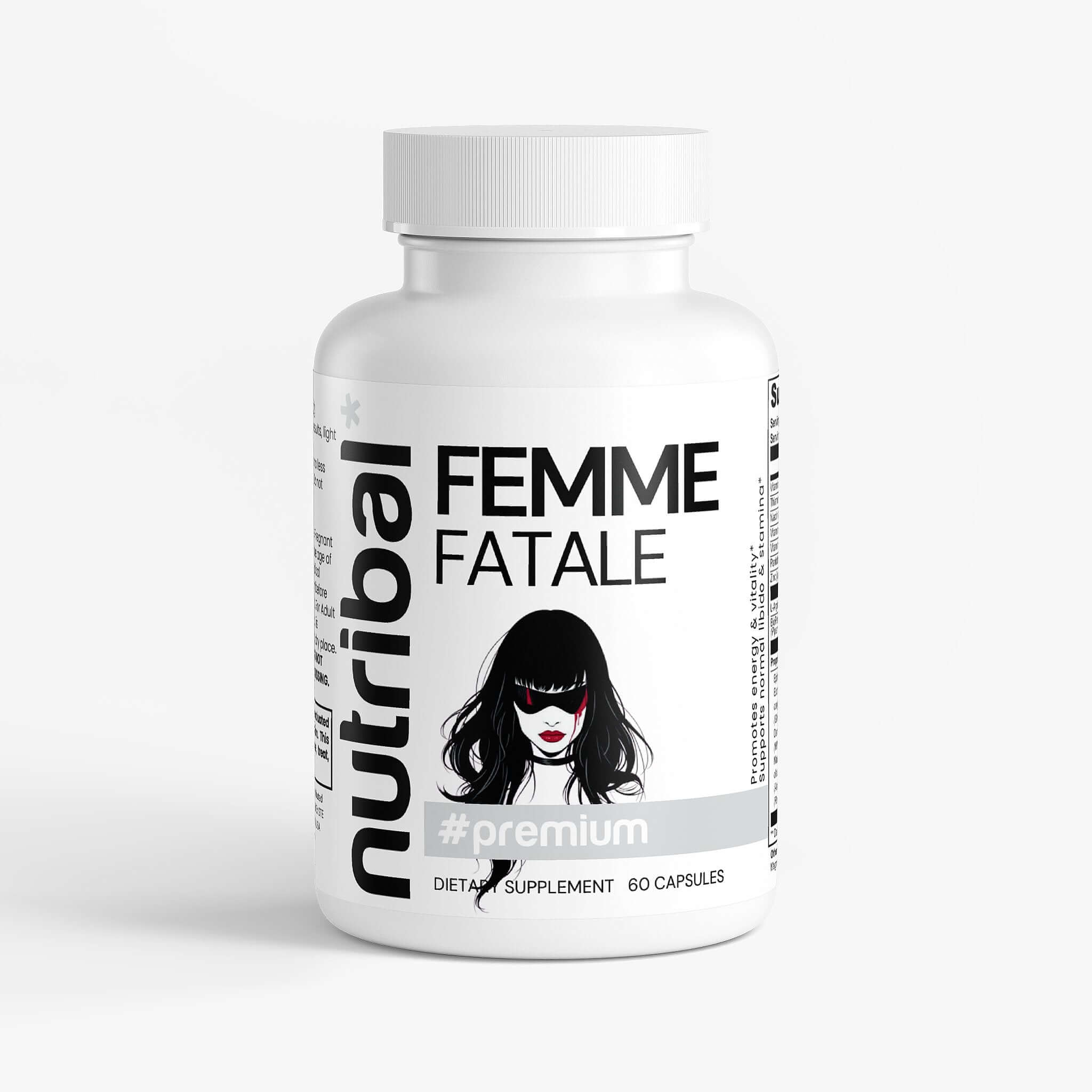 Nutritional supplement bottle labeled 'Femme Fatale' by Nutribal on a white background