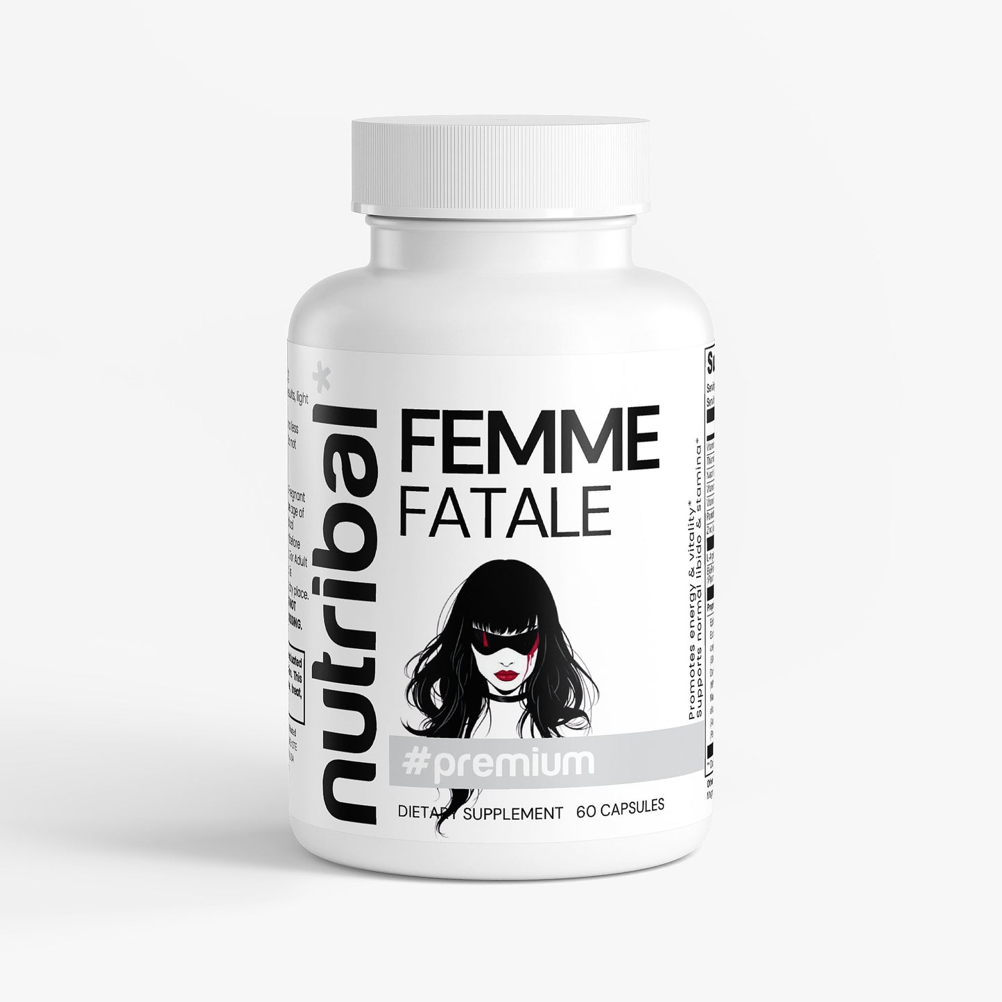 Nutritional supplement bottle labeled 'Femme Fatale' by Nutribal on a white background