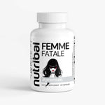 Nutritional supplement bottle labeled 'Femme Fatale' by Nutribal on a white background