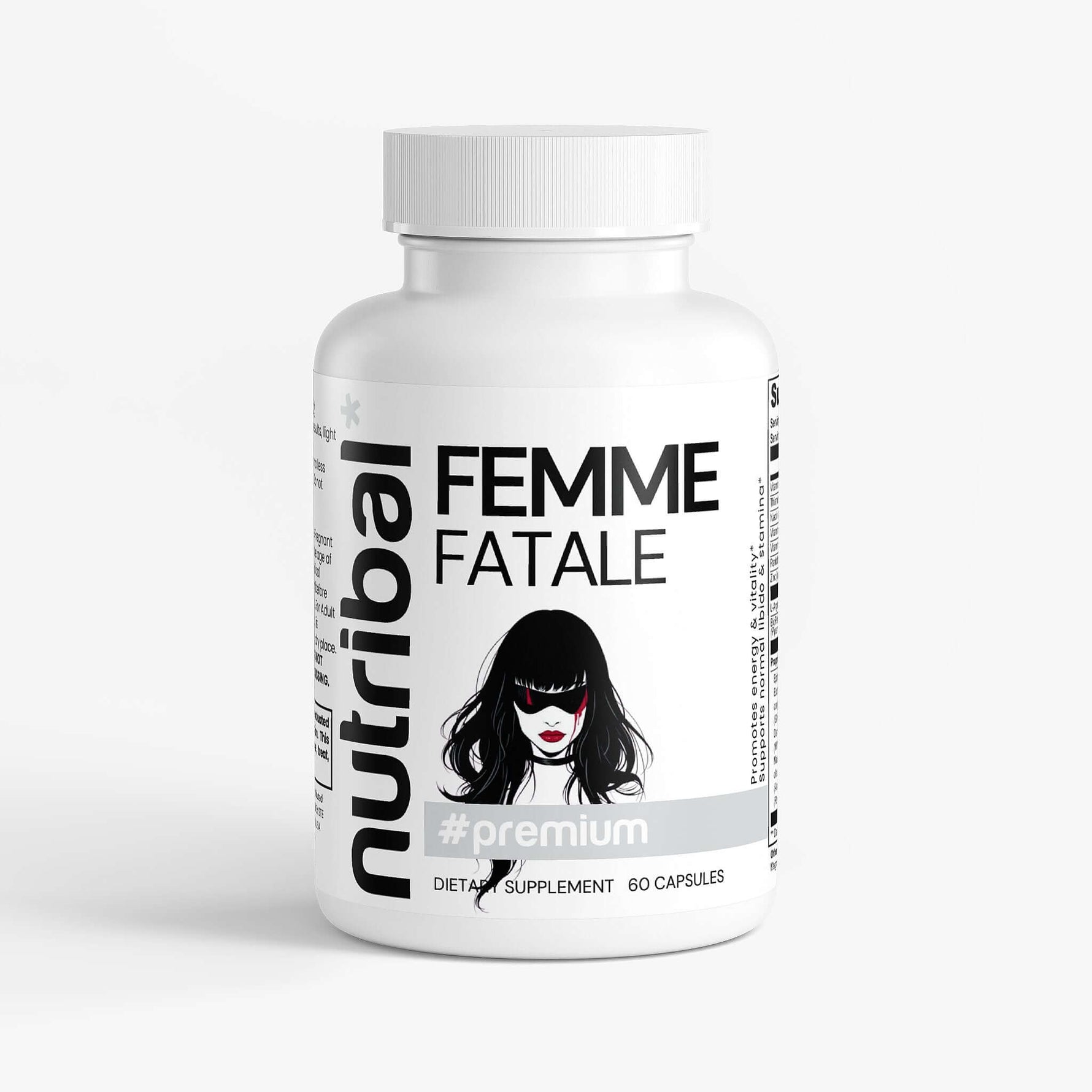 Nutritional supplement bottle labeled 'Femme Fatale' by Nutribal on a white background